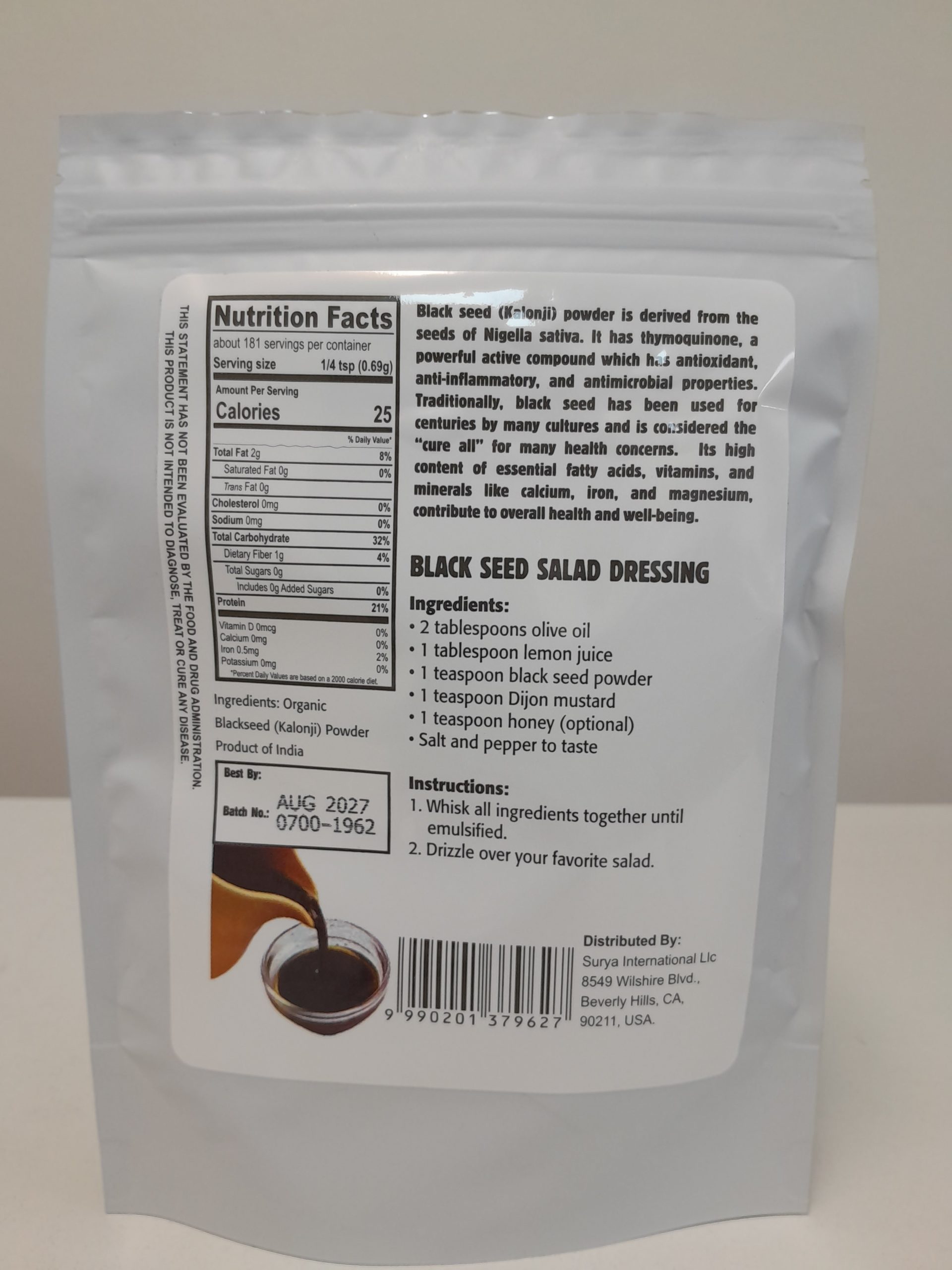 Back of Surya Organic Blackseed Powder pouch showing nutrition facts, product description, and black seed salad dressing recipe.