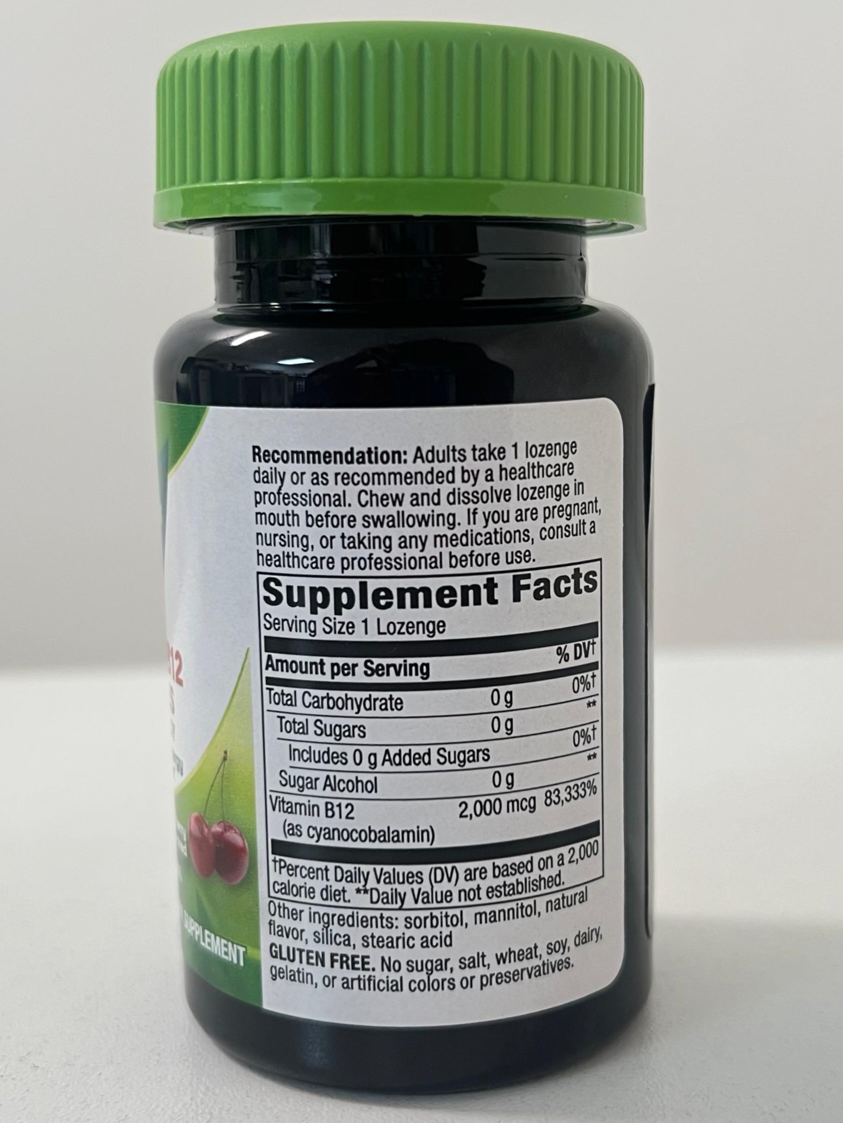 Back label of Nature’s Way Vitamin B12 High Potency Lozenges bottle displaying Supplement Facts, including 2,000 mcg vitamin B12 as cyanocobalamin per lozenge, gluten-free formulation details, and dosage recommendations.