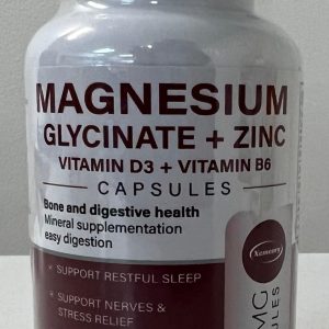 Front view of a bottle of Xemenry Magnesium Glycinate with Zinc + Vitamins D3 and B6 against a white background.