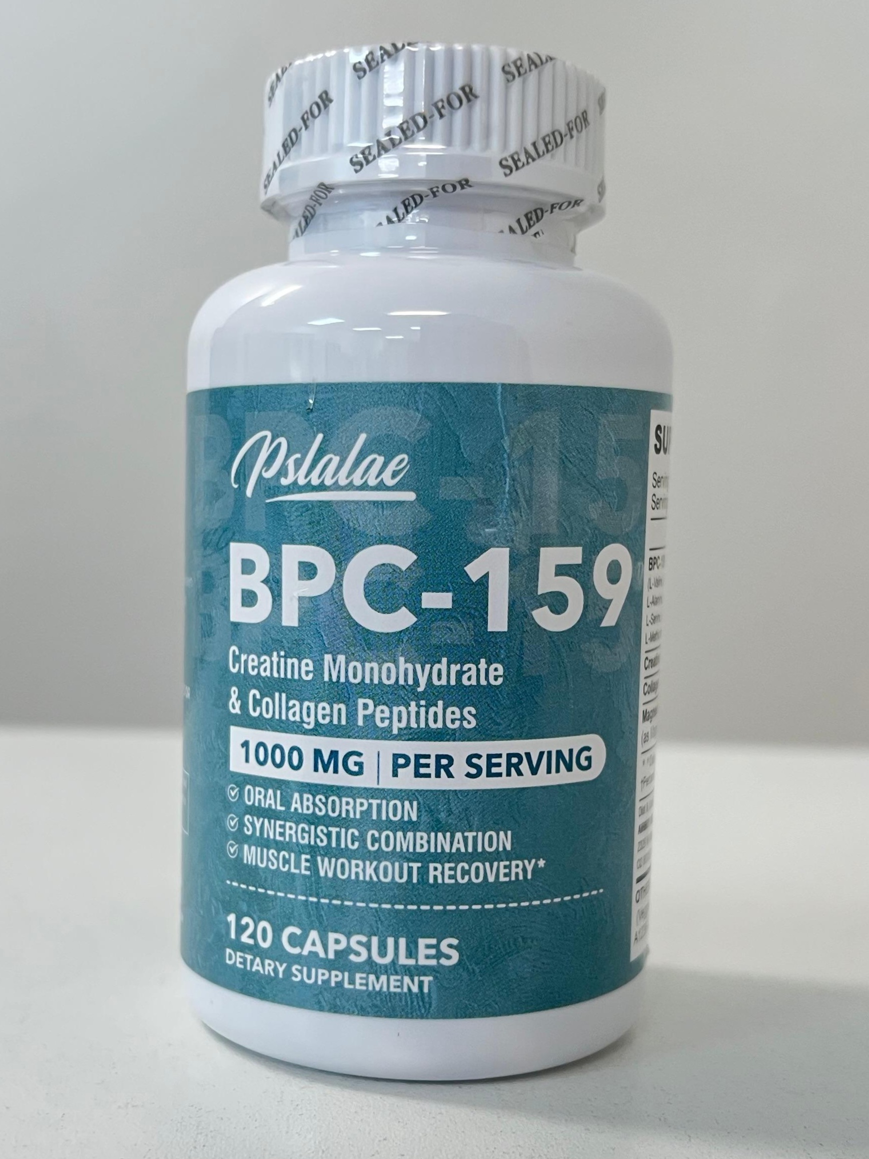 Bottle of Pslalae BPC-159 supplement with creatine monohydrate and collagen peptides, 1000 mg per serving, 120 capsules.