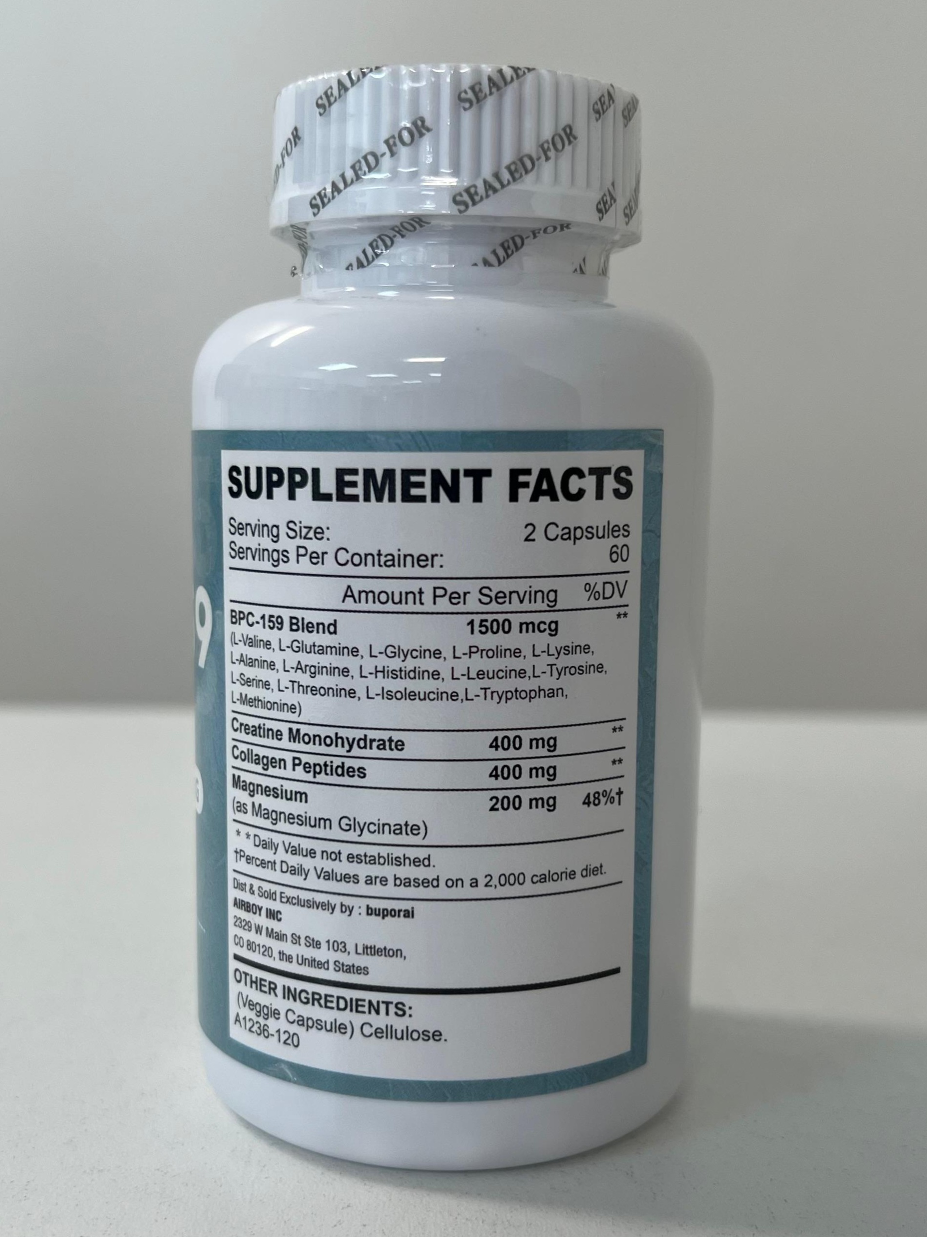 Back label of Pslalae BPC-159 capsules showing supplement facts, amino acid blend, creatine, collagen peptides, and magnesium content.