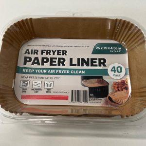 Pack of disposable air fryer paper liners in brown parchment style packaging. Label reads ‘Air Fryer Paper Liner – Keep Your Air Fryer Clean,’ heat resistant up to 220°C, oven safe, microwave safe, non-stick, and single-use only. Includes 40 liners sized 25 x 19 x 4.5 cm.