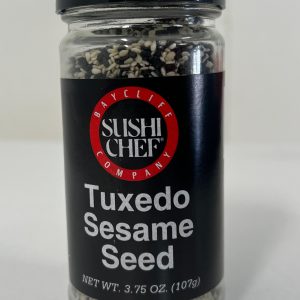 Front of Sushi Chef Company Tuxedo Sesame Seed jar. Clear glass container with black lid and black label showing mixed black and white sesame seeds inside. Net weight 3.75 oz (107 g), commonly used for sushi, rice, and Asian-inspired dishes.