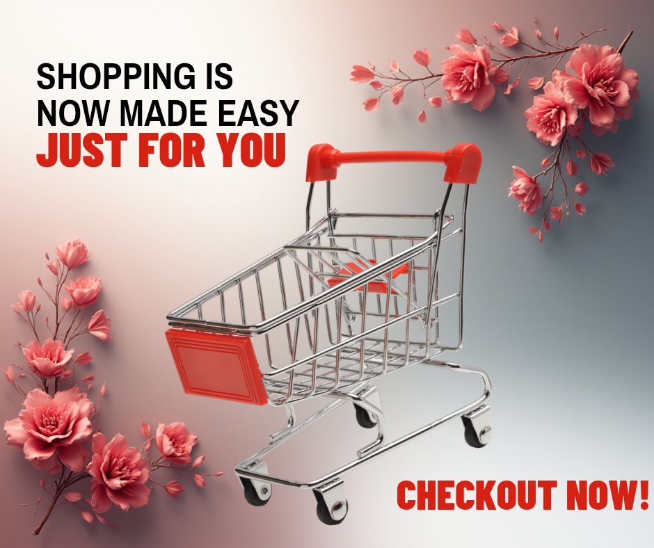 Promotional graphic featuring a 3D silver shopping cart with red handles and accents, centered against a soft gradient background of cream, red, and gray. Decorative red cherry-blossom flowers frame the top right and bottom left corners. Bold text reads: ‘Shopping is now made easy just for you’ at the top left, and ‘Checkout now!’ at the bottom right.