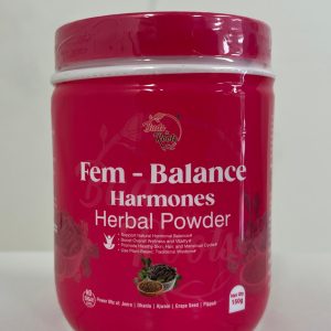 Buds & Roots Fem Balance Hormones Herbal Powder in a red jar, 150g, formulated to support hormonal balance and overall female wellness.
