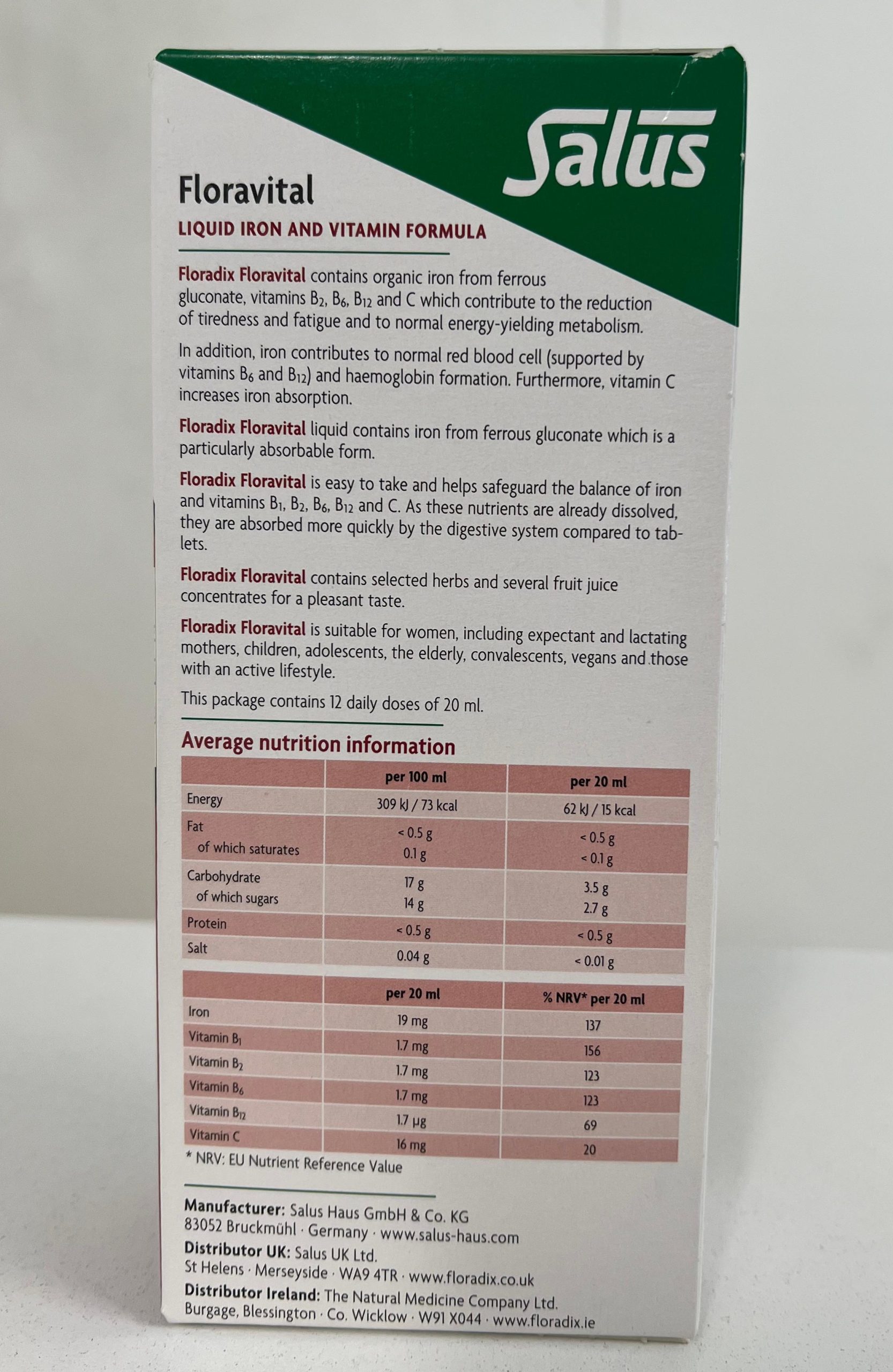 Back of Salus Floradix Floravital liquid iron formula box showing product description, nutritional information, ingredients, and dosage details.