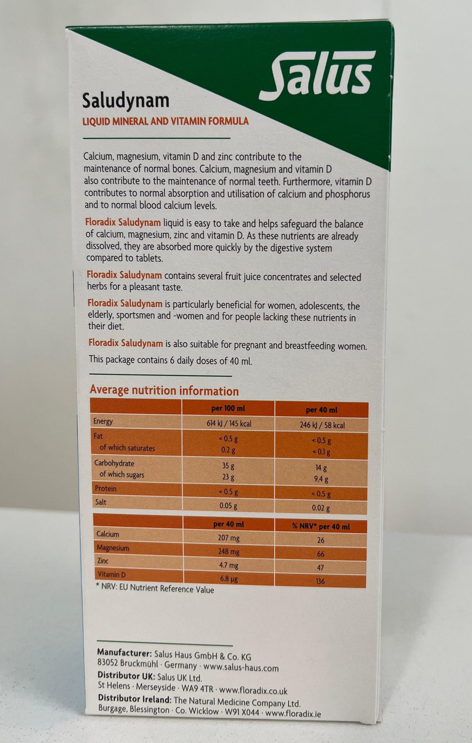 Back of Salus Saludynam liquid mineral and vitamin formula box showing product description, benefits for bones and teeth, usage details, and nutritional information table including calcium, magnesium, zinc, and vitamin D content.