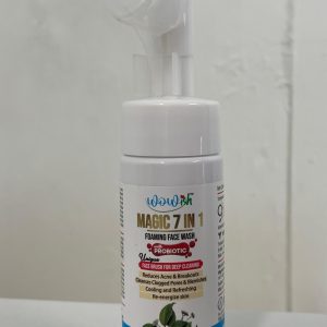 Front view of Wowish Magic 7 in 1 Foaming Face Wash bottle with probiotic formula and brush applicator, designed for acne control and deep cleansing.