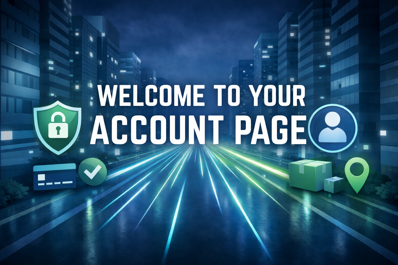 Welcome to Your Account Page banner with futuristic blue city background and icons for secure login, user profile, payments, and order tracking.