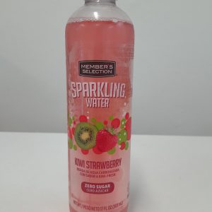 Member’s Selection Kiwi Strawberry sparkling water zero sugar 17 oz bottle, fruit flavored carbonated drink, front view.
