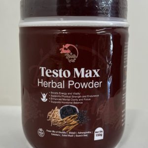 Buds & Roots Testo Max Herbal Powder 150g jar showing energy, strength, focus, and hormonal balance benefits.