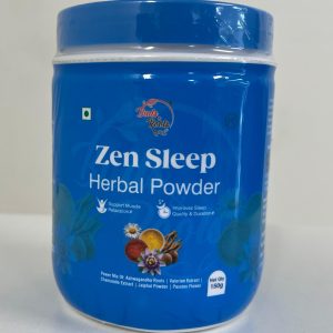 Front view of Buds & Roots Zen Sleep Herbal Powder in a blue container with white lid. The label indicates support for muscle relaxation and improved sleep quality, with herbal ingredients and net weight 150g.