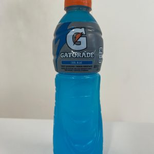 Gatorade Cool Blue sports drink 20 oz bottle with orange cap, blue electrolyte beverage for hydration and energy, front view on white background.