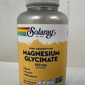 A bottle of Solaray High Absorption Magnesium Glycinate dietary supplement standing upright against a light background. The label is yellow and white with the Solaray rainbow logo at the top. The front reads “Magnesium Glycinate 350 mg per serving” with benefits listed as bone, muscle, and relaxation support. The bottle contains 120 vegan capsules and features vegan, lab verified, and non-GMO verified icons.