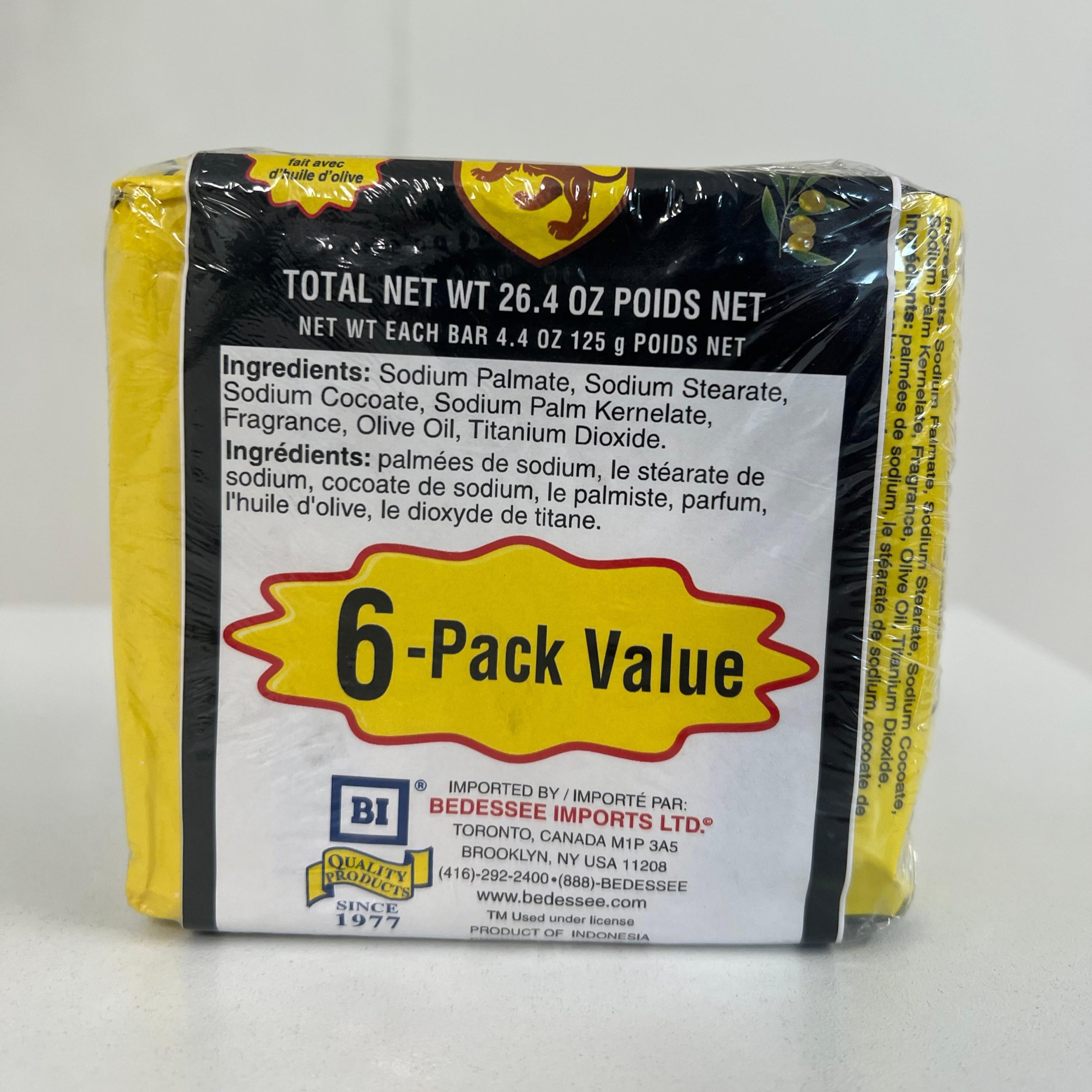 Side of Bedessee Castile Soap 6-pack showing ingredients, product weight, and manufacturer information.